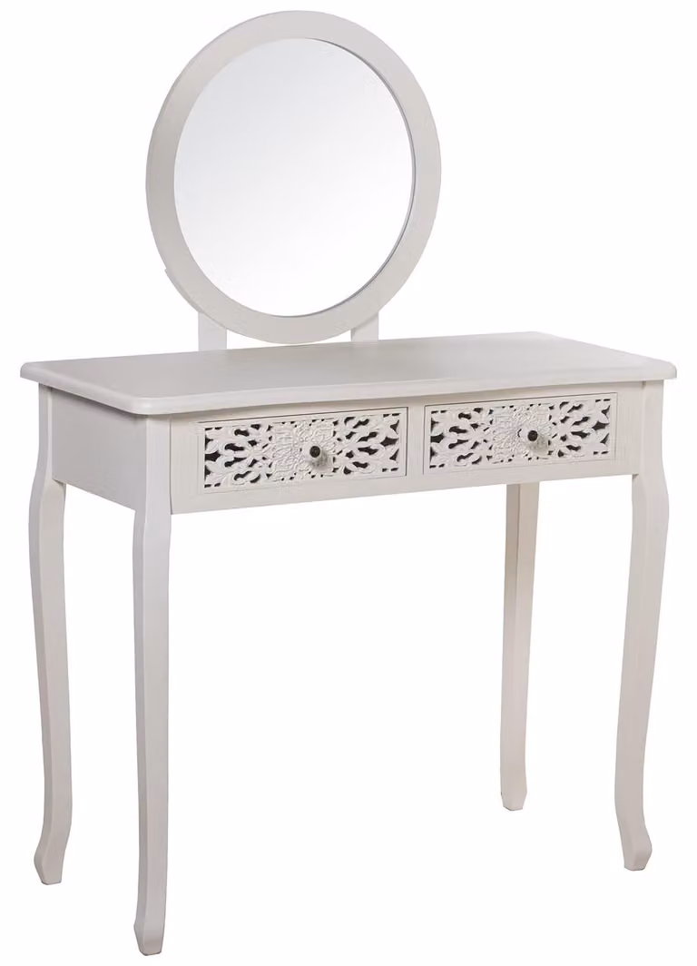 Comò da trucco con specchio, 2 cassetti, legno/MDF, 90x40x78 cm, bianco