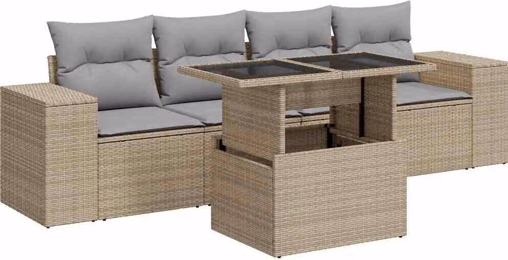 Set Divano da Giardino 5 pz con Cuscini Beige in Polyrattan