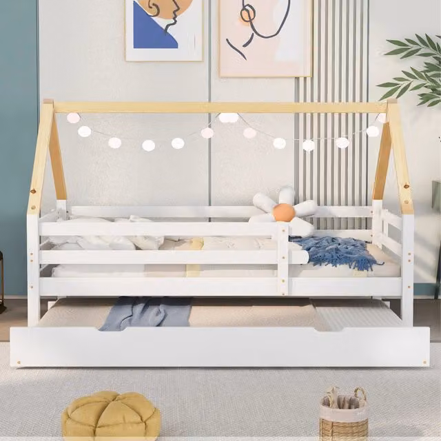 Letto a castello con letto estraibile bianco e naturale in legno massello 90x200 cm