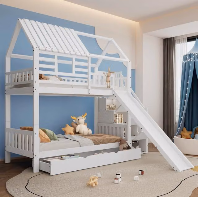 Letto a castello bianco 90x200 cm con scivolo, scaletta con contenitori, struttura in legno di pino e MDF