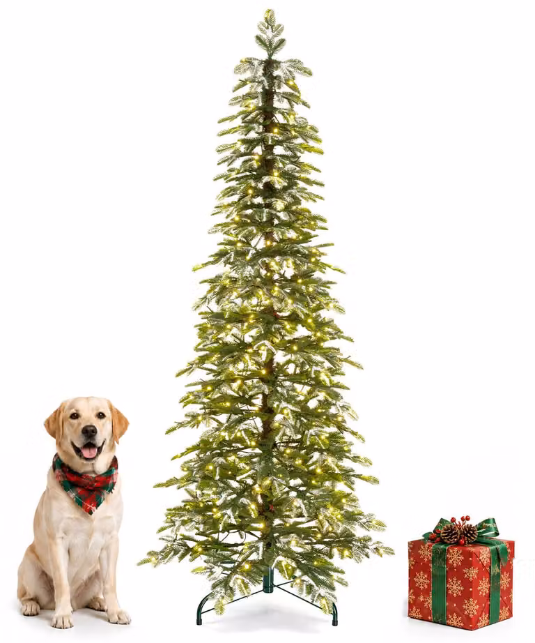 Albero di Natale artificiale con luci a LED, effetto neve e rami in PE; festoso abete artificiale per la decorazione natalizia degli ambienti domestic