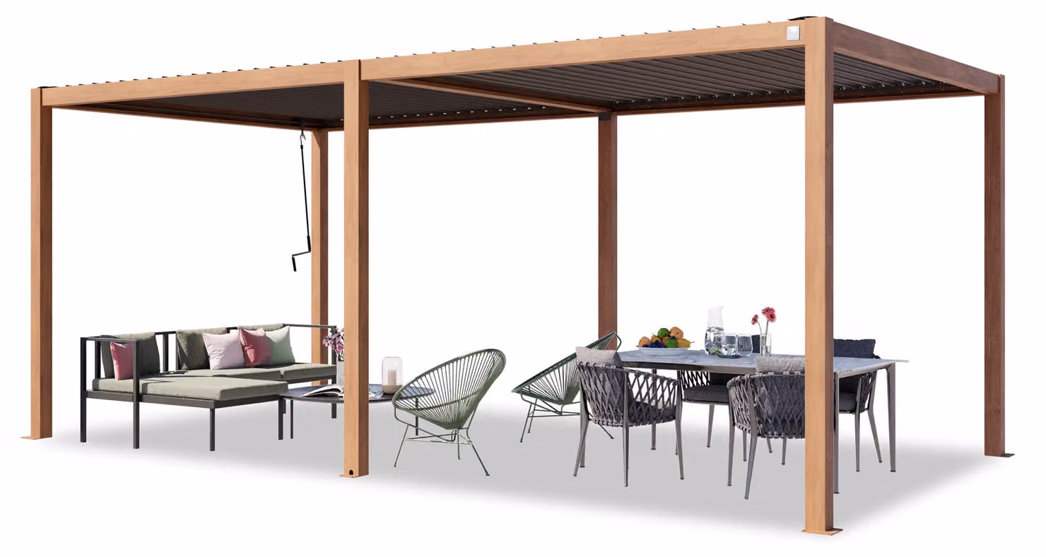 PRIMEYARD Pergola 3x6 m montanti in alluminio look legno con tetto a doghe in acciaio gazebo da giardino