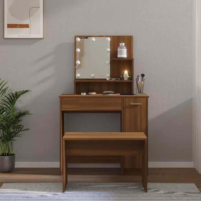 Set Tavolo da Toeletta con LED vidaXL in Rovere Marrone, L: 136,0 cm, P: 35,0 cm, H: 86,5 cm