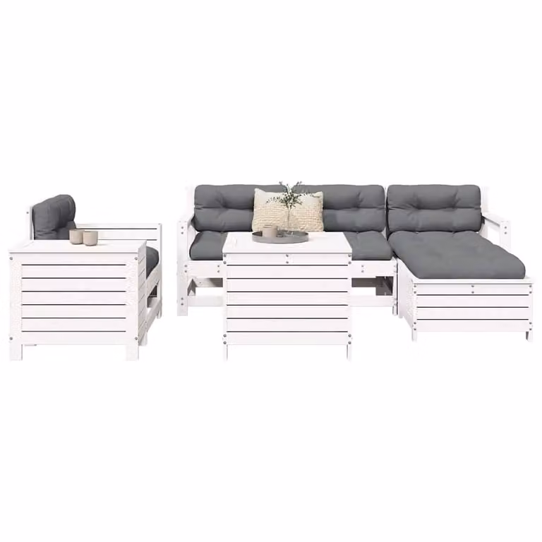 Set di divani da giardino vidaXL 7 pezzi in legno di pino bianco con cuscini inclusi e configurazione a L