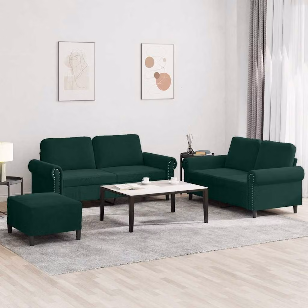Set di divani 3 pezzi vidaXL in velluto verde con cuscini per soggiorno in stile moderno – 1