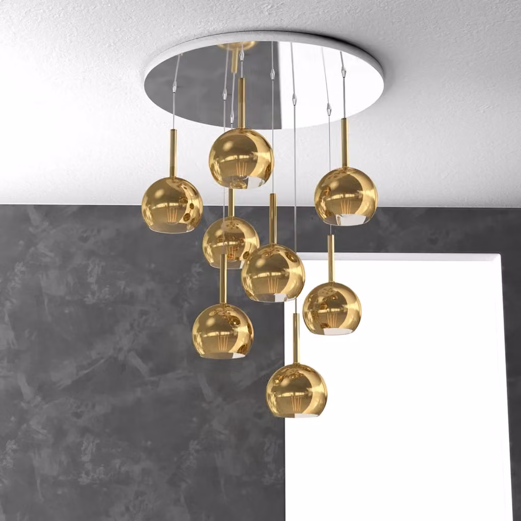 Lampadario Sospeso Contemporaneo Future in Metallo Cromo e Vetro Oro con 8 Luci E27 – 2