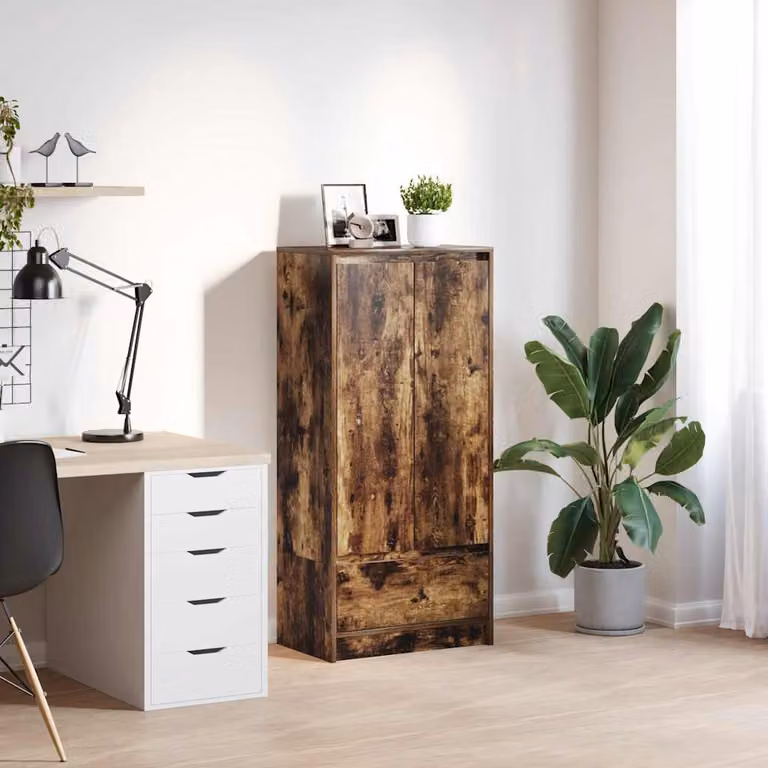 Armadio a parete vidaXL in legno marrone con ante a battente e cassetti, stile rustico, L: 55,5 cm, P: 34 cm, H: 119,5 cm