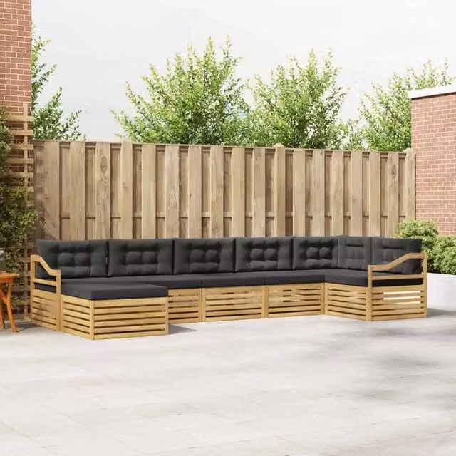 Set di divani da esterno a L vidaXL composto da 7 pezzi in legno di acacia con cuscini bianchi e antracite