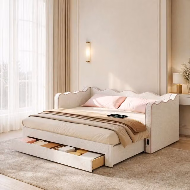Letto singolo estraibile con due cassetti rete a doghe in bouclé beige con porte USB e Type-C