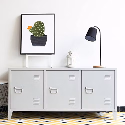 [en.casa] Mobile TV con 3 Ante e Foro Passacavi Mobile Basso in Acciaio con Scomparti Armadio Basso da Archivio Stand TV e Centri Multimediali 113 x 40 x 58 cm Bianco