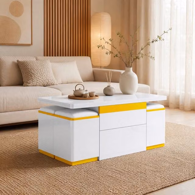Tavolino da caffè sollevabile 100x50x43 cm bianco e giallo, contenitore integrato, MDF/PB