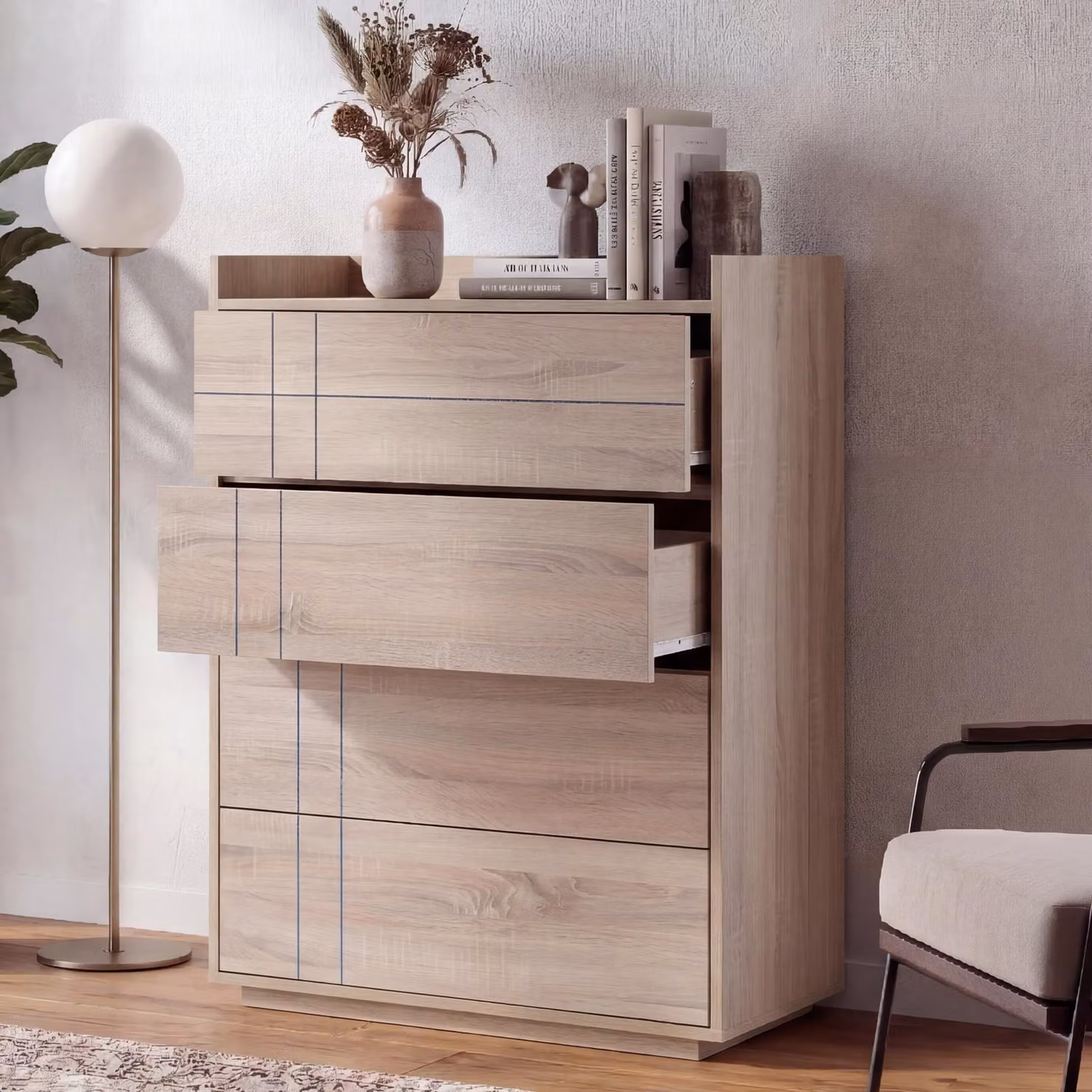 Comò MCW-P44, credenza, 4 cassetti con apertura a pressione, MDF 107x80x40 cm ~ effetto rovere Sonoma