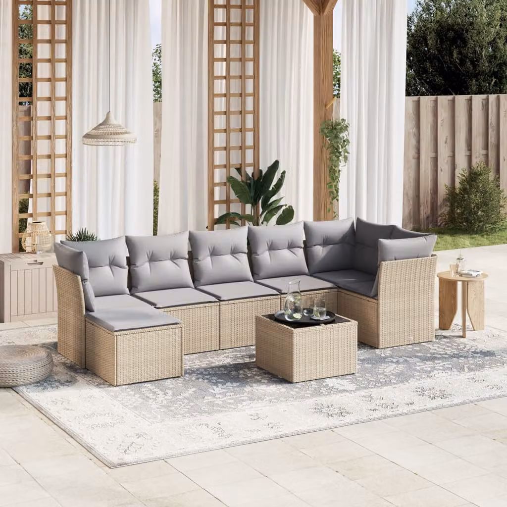 vidaXL Set Divano da Giardino 8 pz Moderno in Polyrattan con Cuscini Beige e Grigio e Tavolino da Esterno – 1