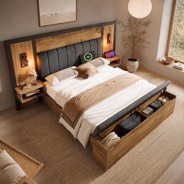 Letto matrimoniale 180 × 200 cm con luci da lettura USB e Type-C comodini e panca contenitore color rovere