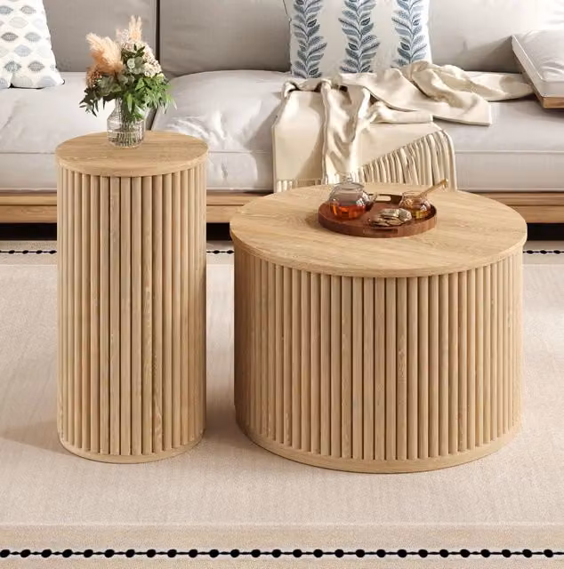 Tavolino da caffè rotondo impilabile 60x60x38,5/30x30x56 cm naturale, set da 2, MDF