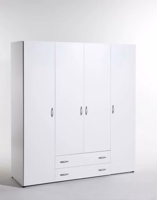 Armadio Guardaroba per Camera da Letto, 4 Ante, 2 Cassetti, Legno Bianco, 160 cm L x 52 cm P x 177 cm A