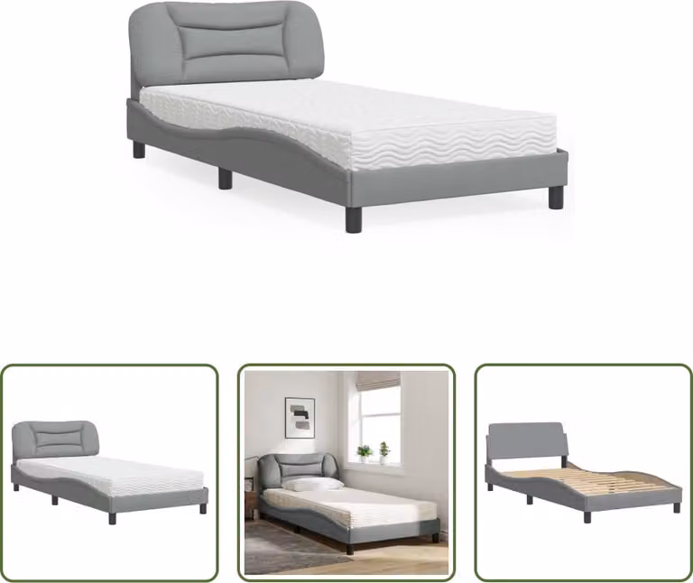 The Living Store Letto con materasso in tessuto grigio chiaro 100x200 cm