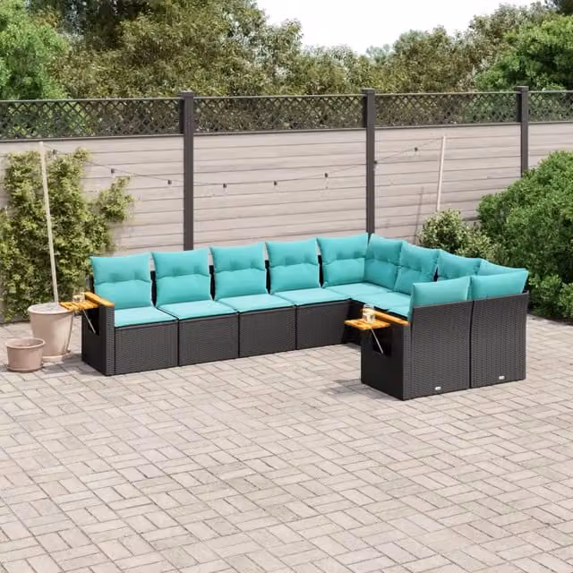 Set Divani da Giardino 9 pz con Cuscini Nero in Polyrattan 3227142