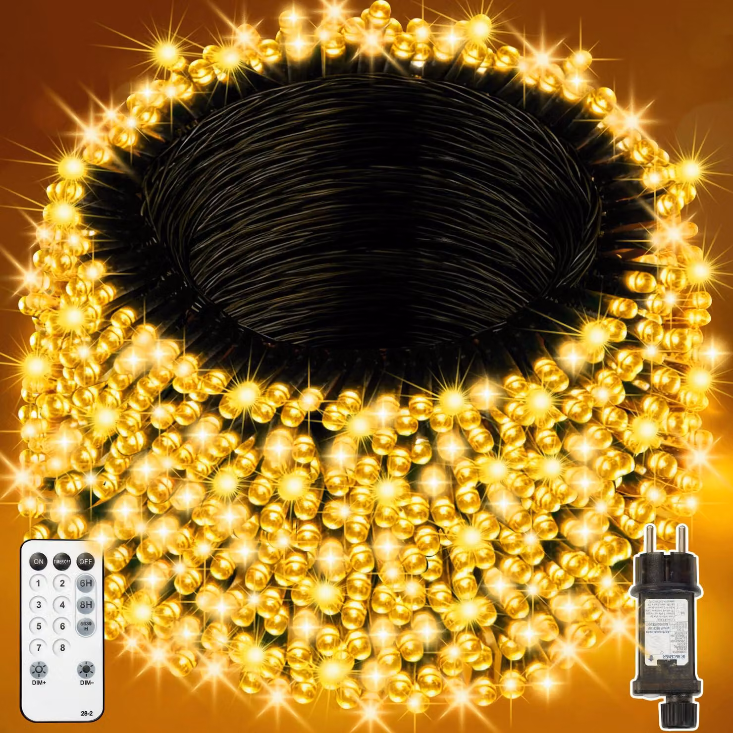 Catena luminosa con 500 LED, trasparente, 20 metri, impermeabile, con telecomando