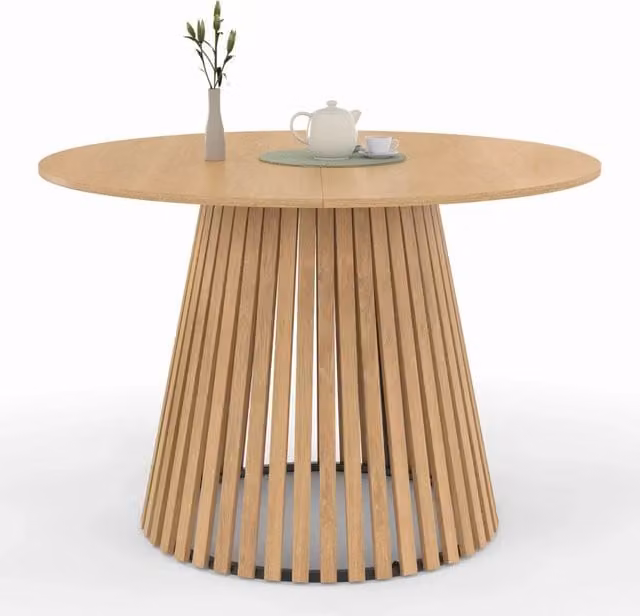 Tavolo da pranzo rotondo IDMarket CARMEN per 6 persone con piano in legno marrone e gambe a doghe, Diametro: 110 cm, Altezza: 75 cm – 1
