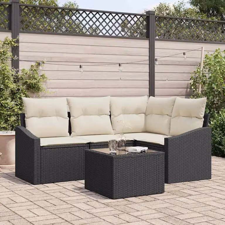 Set di divani da giardino vidaXL in polyrattan nero con cuscini beige e tavolino da esterno