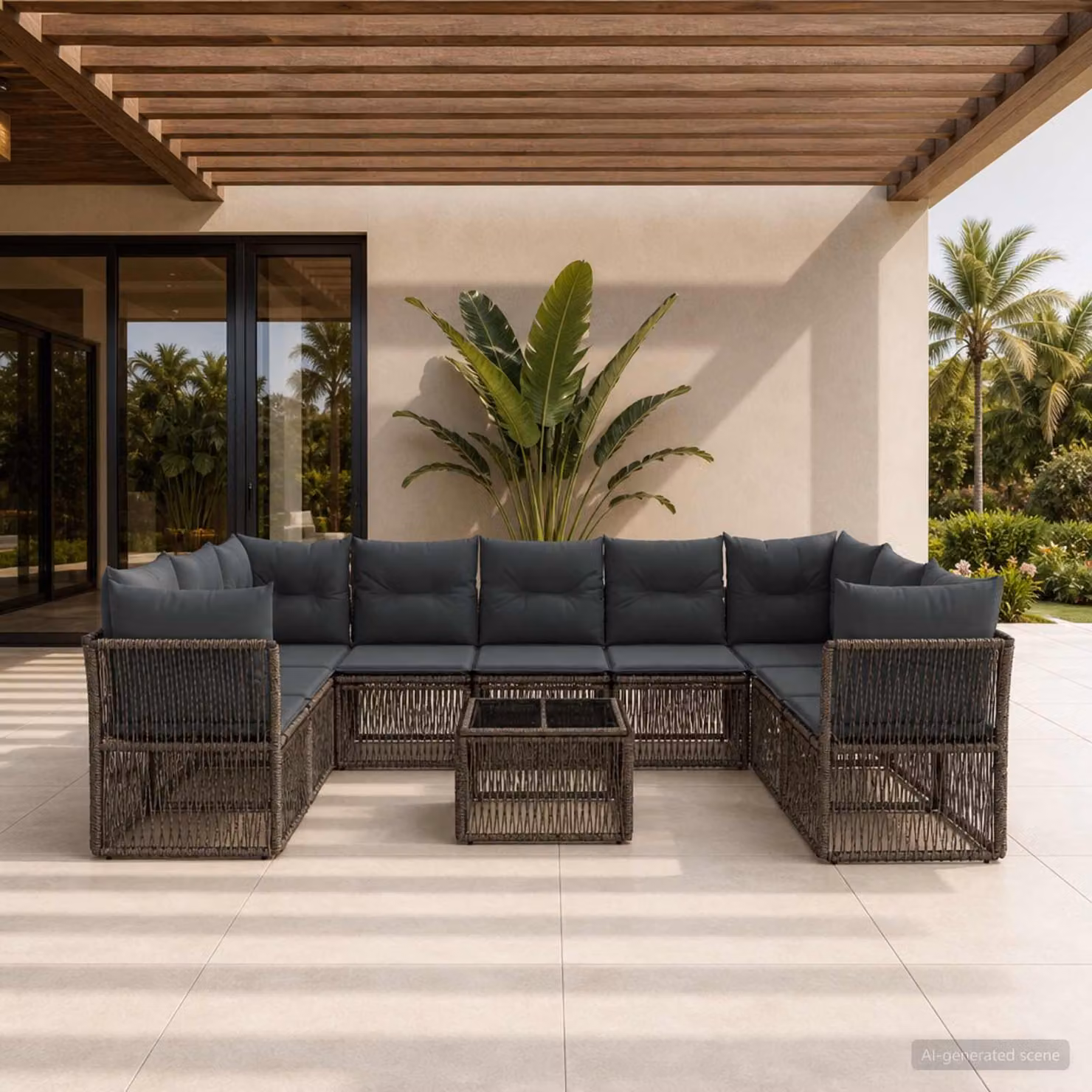 Set Divano da Giardino vidaXL 10 Pezzi a Forma di U in Polyrattan Grigio con Tavolino e Cuscini Imbottiti