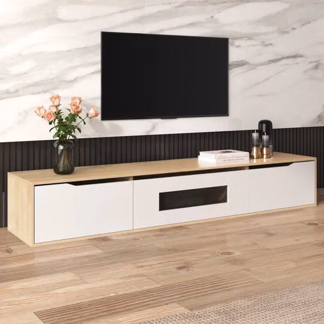 Mobile TV sospeso con ante scanalate LED a 16 colori e finitura bianca lucida effetto legno