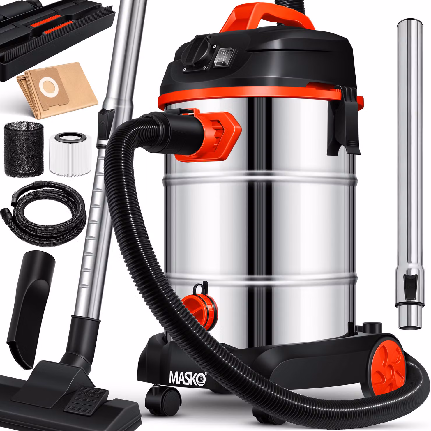 MASKO® Aspirapolvere industriale, aspiraliquidi e asciutti, acciaio inossidabile, potenza massima 1800W