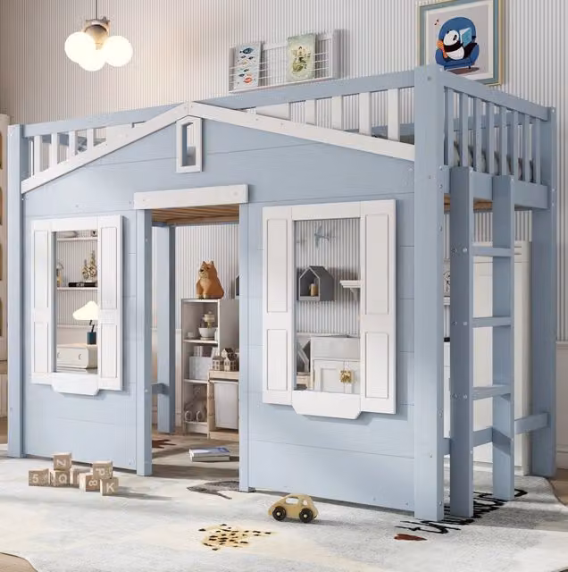 Letto a soppalco singolo per bambini Beaok in legno massello e MDF con scala reversibile, bianco e blu, H: 210 cm, L: 90 cm, P: 200 cm