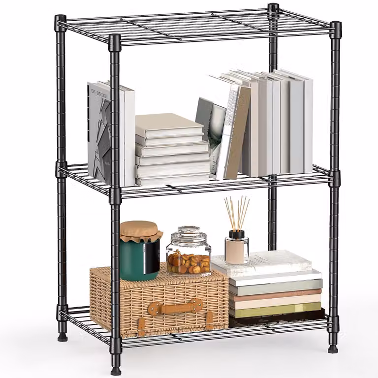 Scaffale metallico con ripiani regolabili, ideale per cucina e bagno