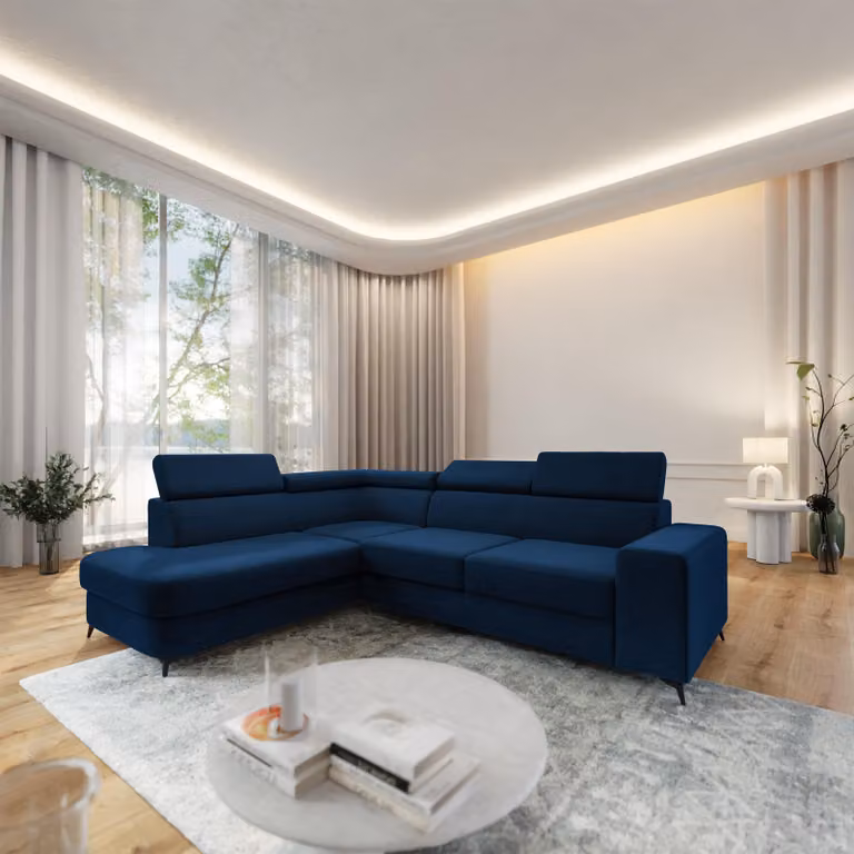 Divano angolare Masseno ALVORO L-S con funzione letto a L, divano con box letto, divano da salotto, divano, divano letto, set di divani - blu, MATT VELVET 79