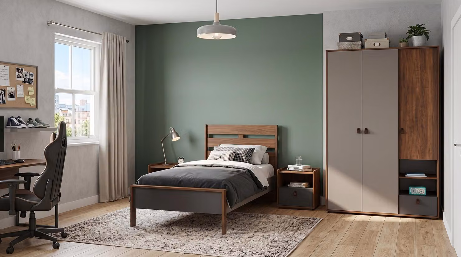 Letto, armadio, comodini e altri elementi d'arredo per una moderna camera da letto per ragazzi, in tonalità marrone