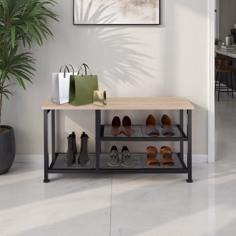 Scarpiera Industriale Tectake in Legno Rovere e Metallo, Marrone e Nero, L: 80 cm, P: 30 cm, H: 45,5 cm