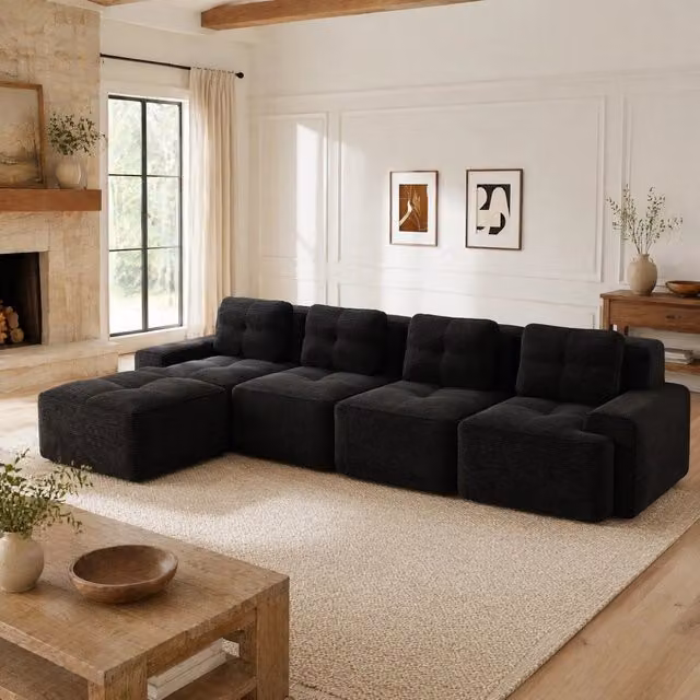 Divano modulare a L 382x177x69 cm in corduroy nero, senza montaggio, per soggiorni grandi –