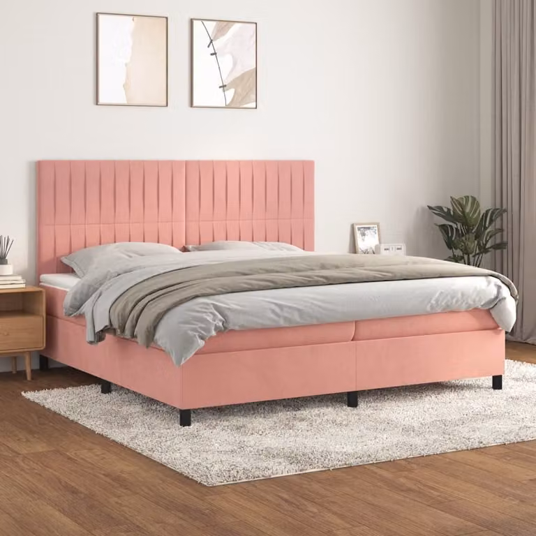 The Living Store Letto a molle con materasso Rosa 200x200 cm Velluto