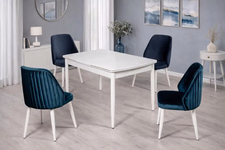 Tavolo con 4 sedie, stile moderno, colore bianco, forma quadrata, versatile, ideale per la sala da pranzo