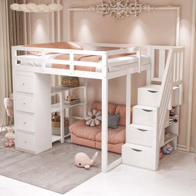 Letto a castello bianco in legno con funzione contenitiva 140x200 cm
