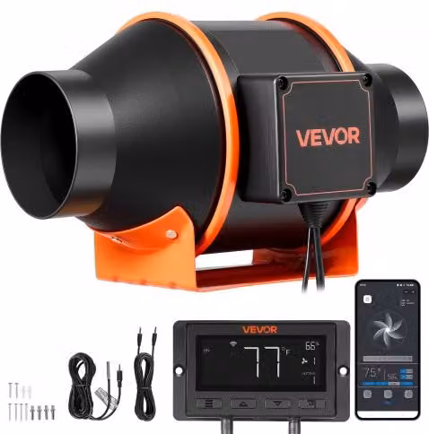 VEVOR Ventilatore da Condotto 349 m³/h, Estrattore Aria in Linea, Motore EC 101,6 mm, 10 Livelli di Velocità, Controllo PWM con App, Sensore di Temperatura e Umidità, per Giardinaggio Indoor, Grow Box