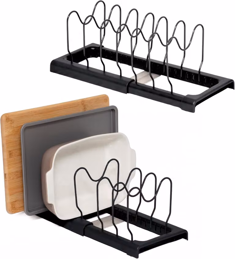 Organizzatore per teglie e taglieri, set da 2 pezzi, pieghevole, colore nero, ideale per armadietti da cucina