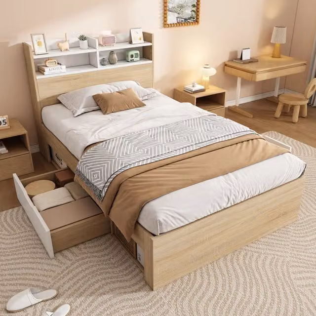 Letto singolo per bambini 90x190 cm con testiera a mensola; 2 cassetti e vani aperti; elementi in legno massello; bianco e rovere