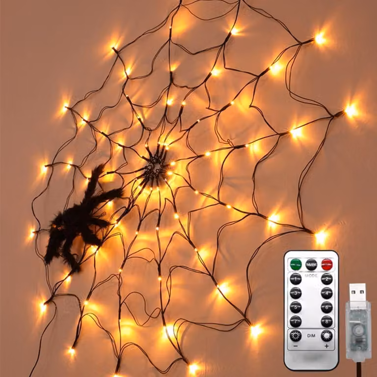 Luci a forma di ragnatela per Halloween, 70 LED, luce bianco caldo, 1 metro, 8 modalità, con telecomando, alimentazione USB