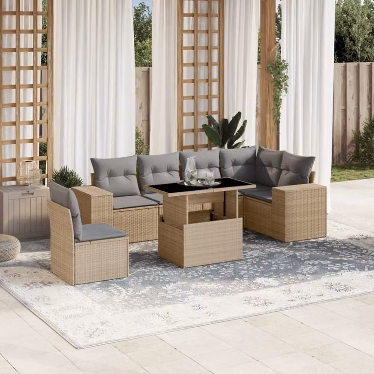 vidaXL Set Divani da Giardino 7 pz a Forma a L in Polyrattan con Cuscini Beige e Tavolino da Esterno
