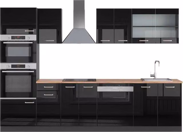 Cucina componibile moderna R-Line Vicco Nero lucido e Antracite con armadio alto e dettagli in Rovere, L: 300 cm