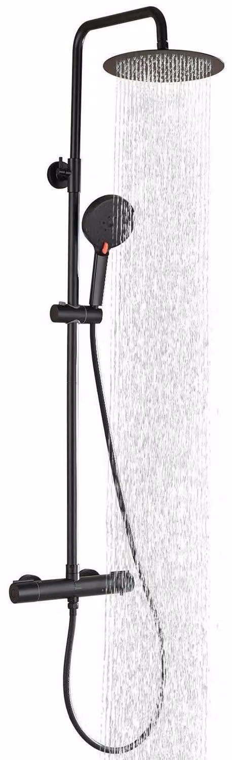 Set doccia termostatico nero, 25 cm, soffione a pioggia, 3 getti, altezza regolabile, acciaio inossidabile, limitatore di temperatura a 38°C, sistema di sicurezza per bambini, set completo