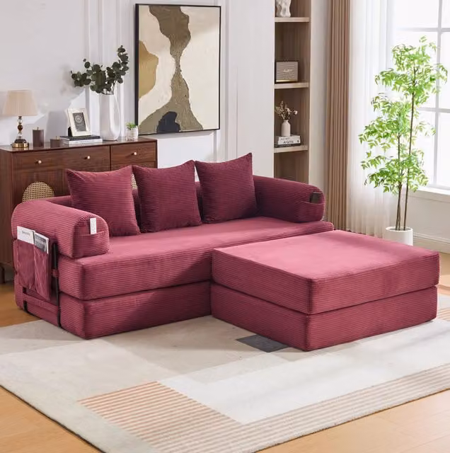 Sofa modulare in corduroy bordeaux con struttura in metallo; cuscini e tasca laterale; 200x190x67 cm