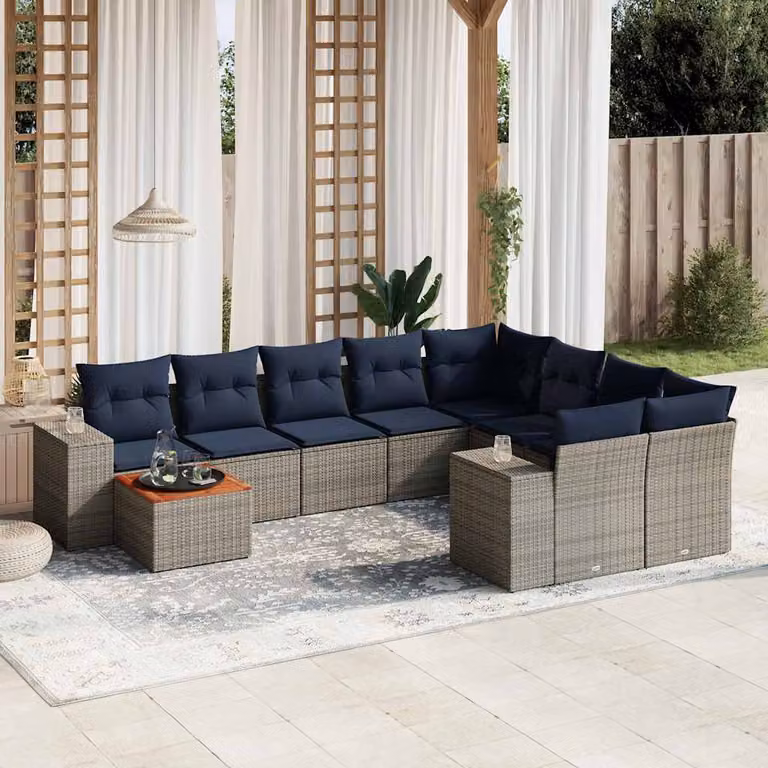 Set di divani da giardino vidaXL in polyrattan con cuscini e tavolino da esterno, 10 pezzi, grigio e blu