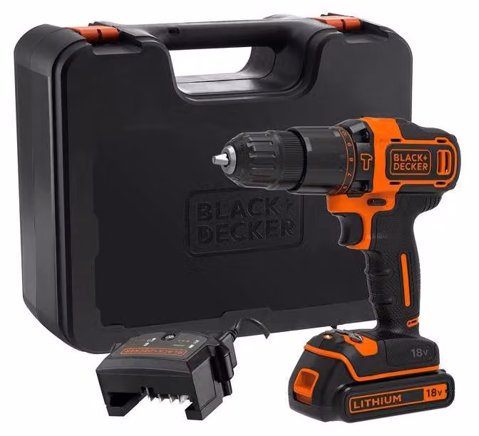 Trapano avvitatore a percussione cordless BLACK + DECKER BDCHD18K, 18V, batteria Li-ion da 1,5 Ah. Include caricabatterie e custodia