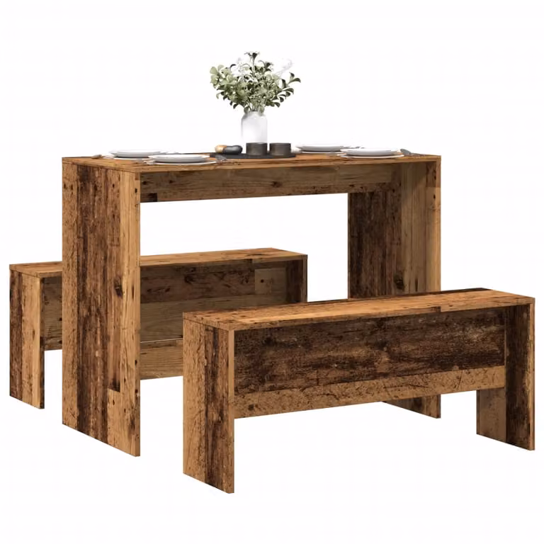 Set Tavolo da Pranzo e 2 Panche vidaXL in Legno Antico Marrone per Cucina e Sala da Pranzo