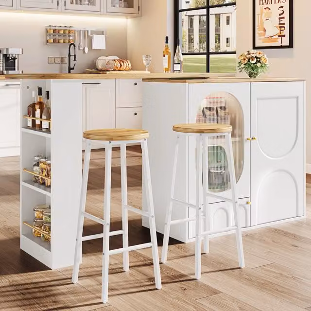 Set tavolo da bar Mivray con contenitore e 2 sgabelli in MDF e metallo bianco effetto legno con ante in vetro