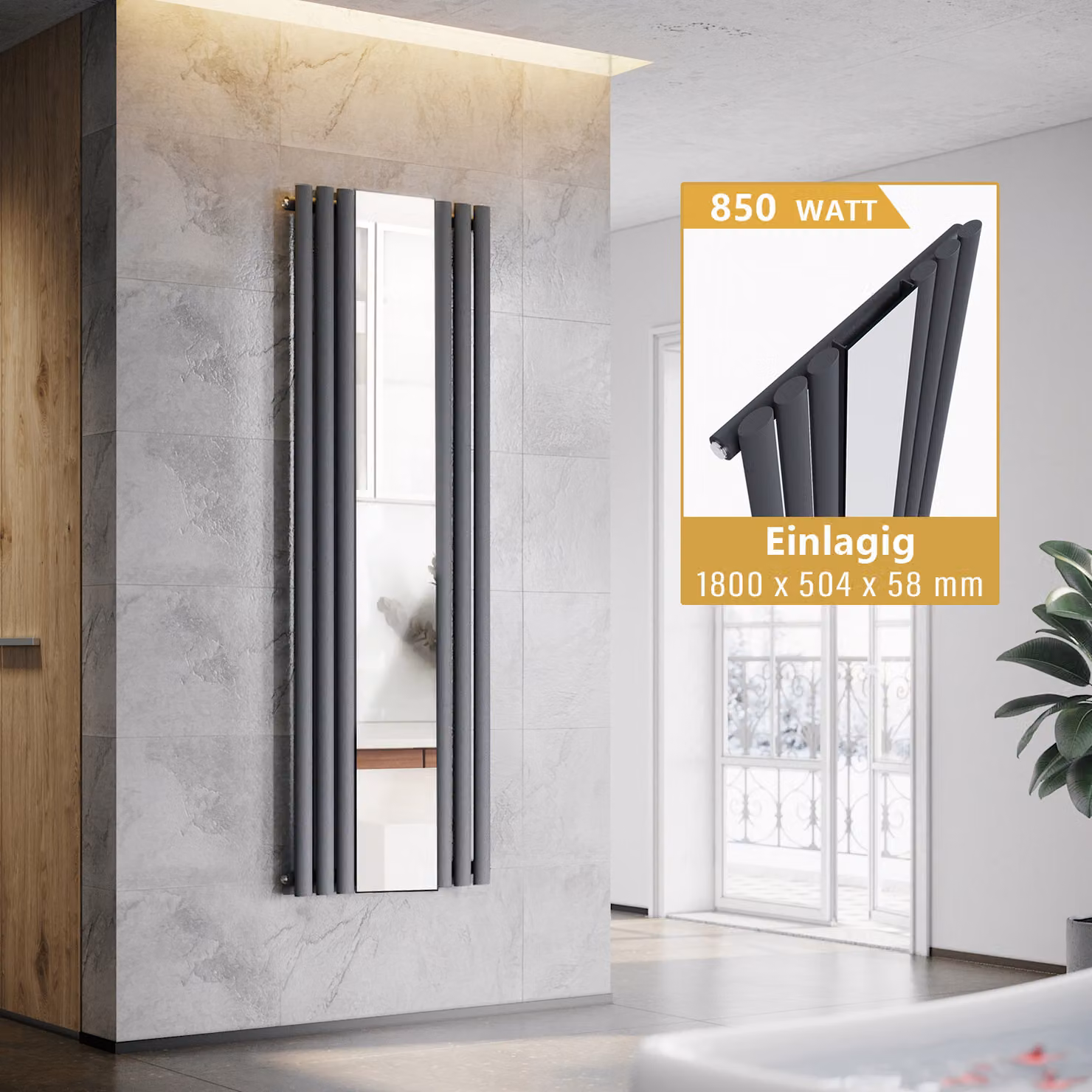 SONNI, radiatore a tubi verticali con specchio, colore antracite, dimensioni 1800x504 mm, senza resistenza riscaldante